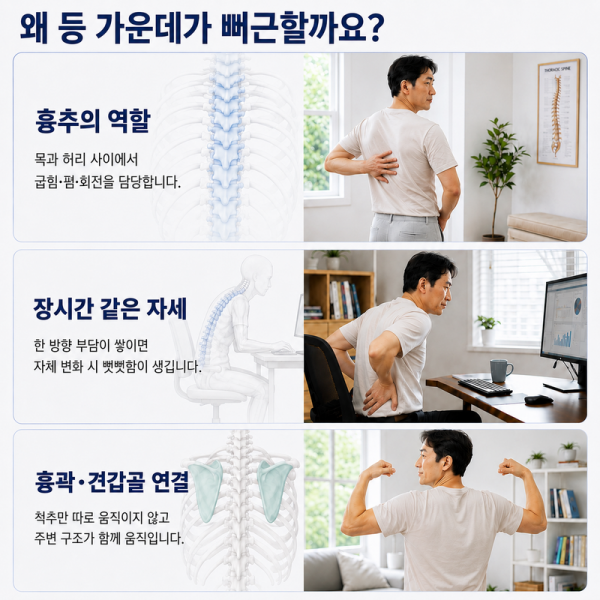 흉추 역할과 흉곽·견갑골 연결을 설명하는 카드